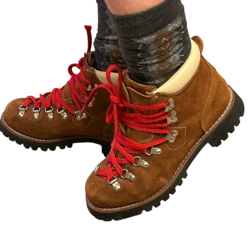 Brooks Vibram Mountain Hiking Boots Brown Suede Leather Red Vintage 80s 5.5 7